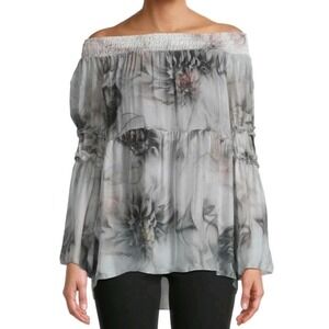 Le Marais Off Shoulder Floral Silk Blouse Chiffon M Whimsical Cottage Ethereal